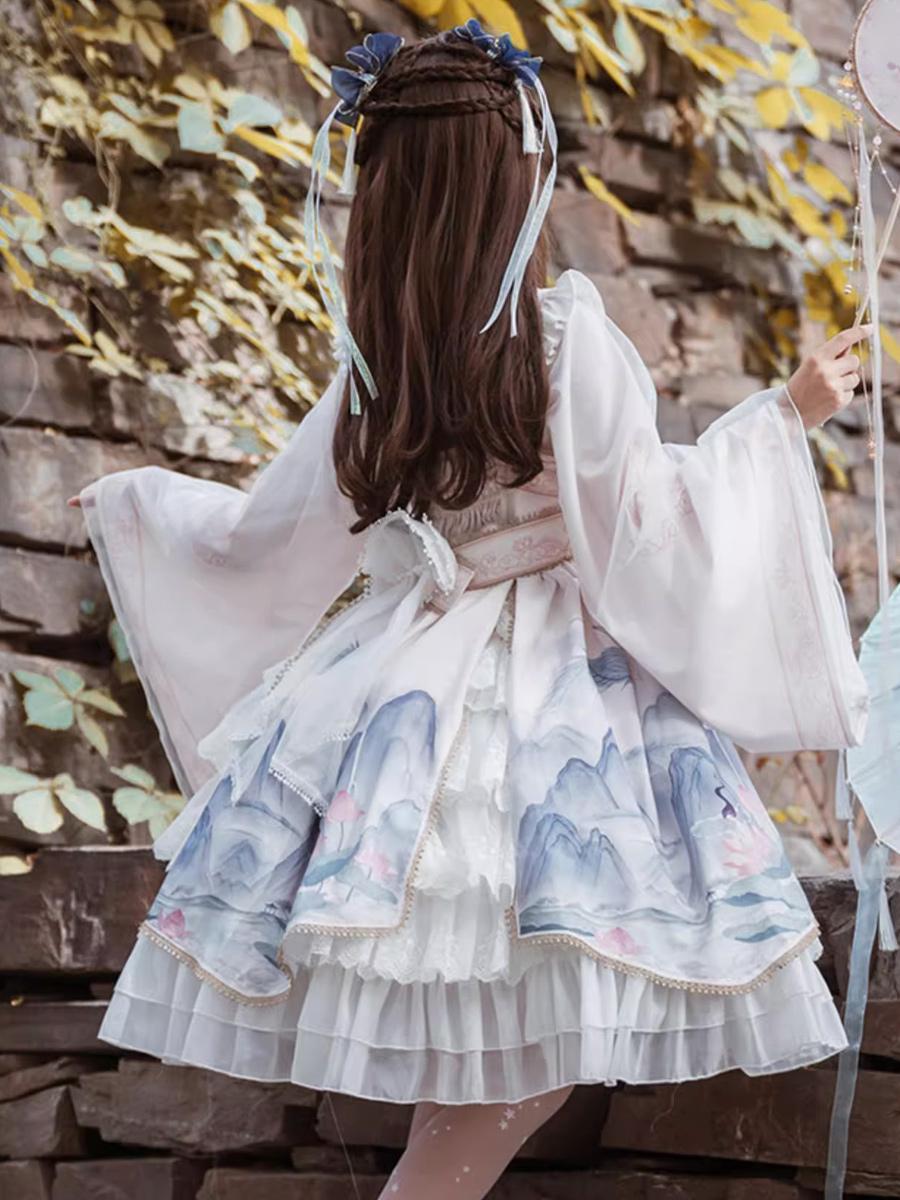Qi Lolita Blue Black Ink Landscape Painter Long Sleeve Polyester