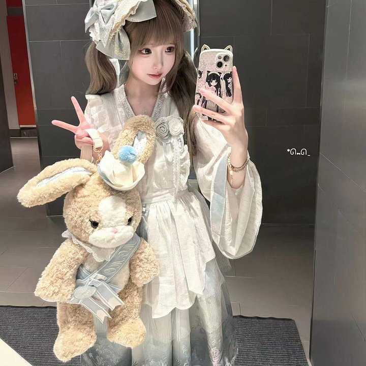 Qi Lolita JSK White with Blue Long-sleeved Long Dress Fluffy Gauze Skirt Lace Skirt
