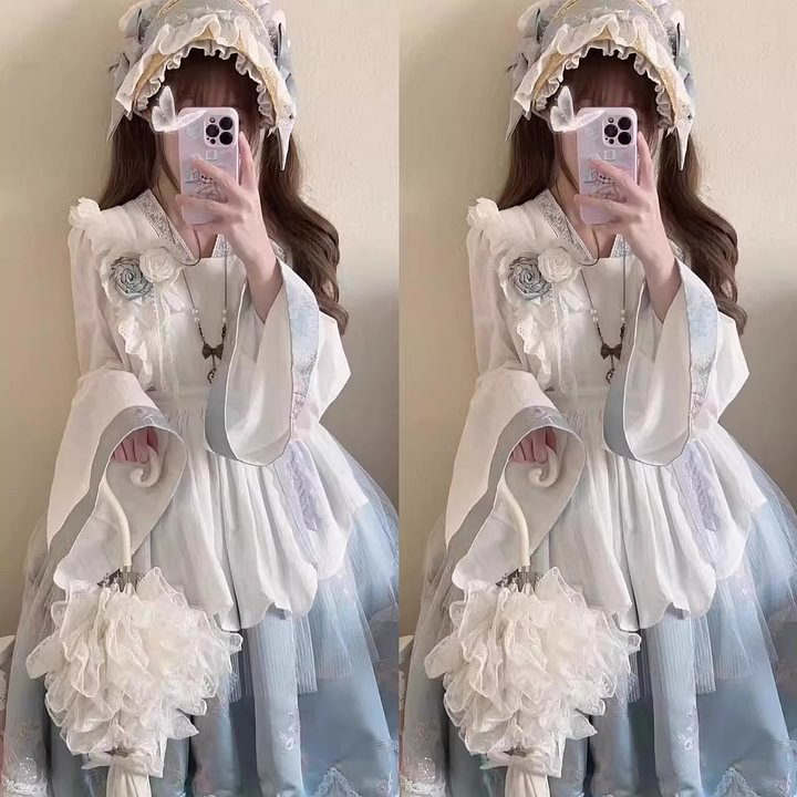 Qi Lolita JSK White with Blue Long-sleeved Long Dress Fluffy Gauze Skirt Lace Skirt