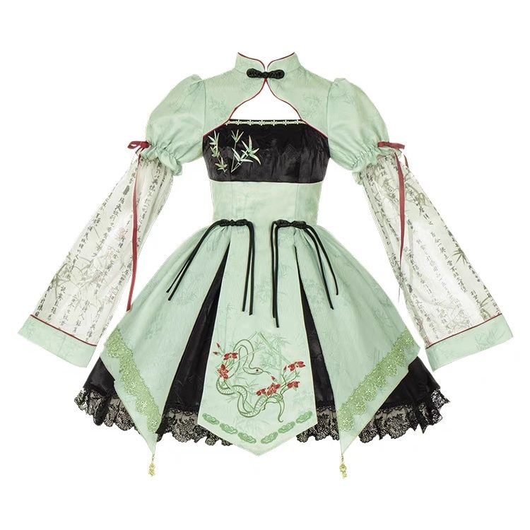 Qi Lolita Light Green Outfits Short Dress One-Piece Embroidery Lolita Outfit Puff Sleeves