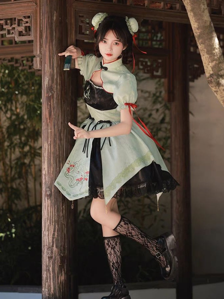 Qi Lolita Light Green Outfits Short Dress One-Piece Embroidery Lolita Outfit Puff Sleeves