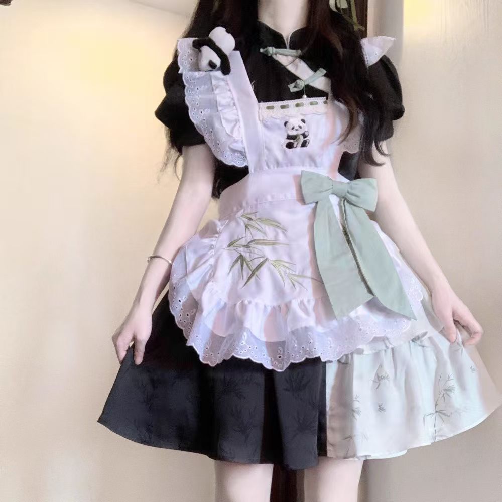 Qi Lolita Maid Outfit Black Chinese Panda Dress Short Sleeve One-Piece Dress