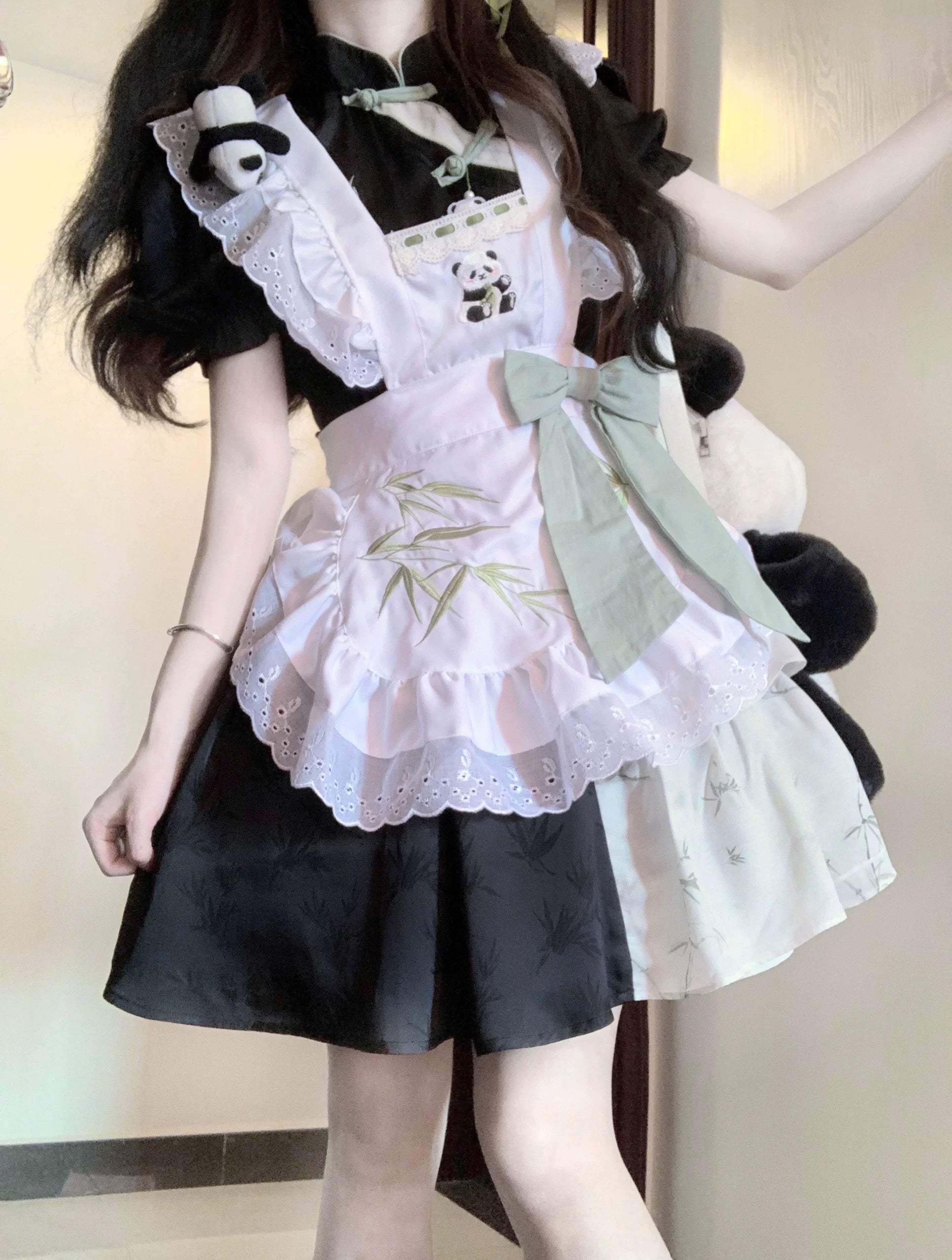 Qi Lolita Maid Outfit Black Chinese Panda Dress Short Sleeve One-Piece Dress