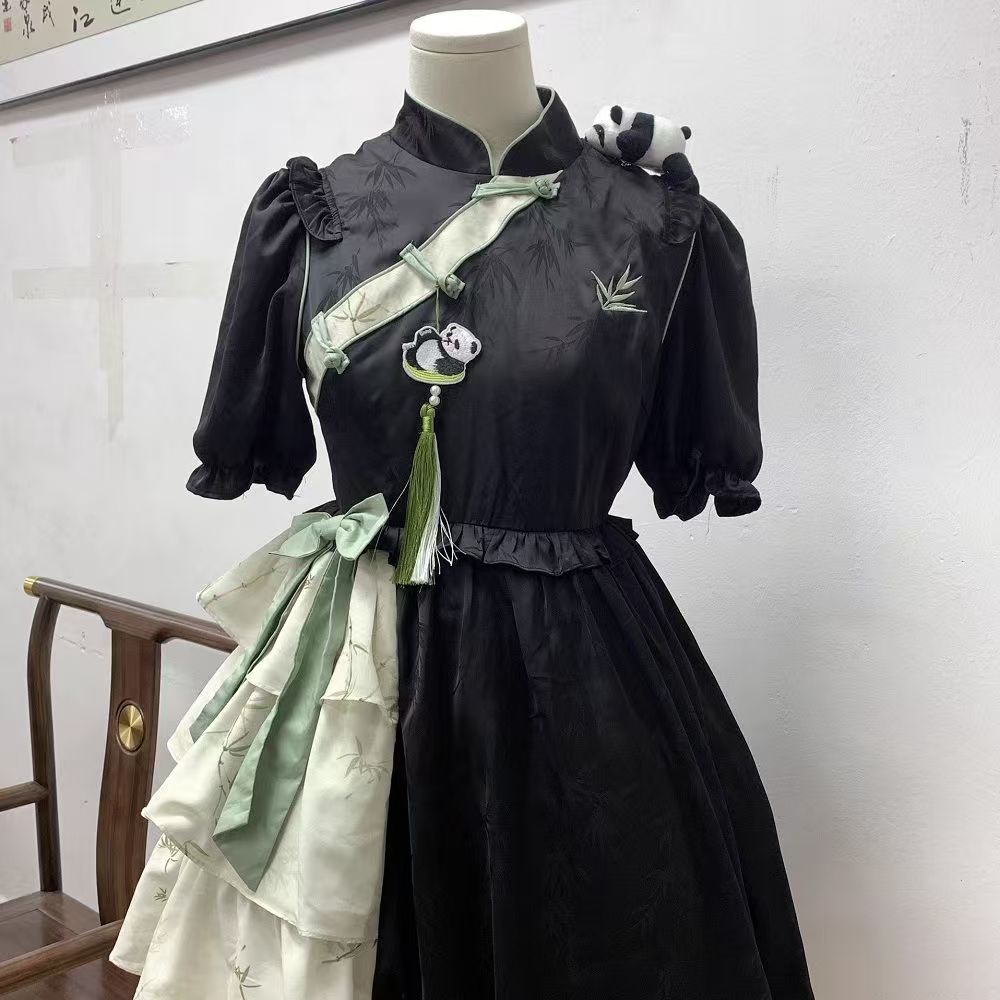 Qi Lolita Maid Outfit Black Chinese Panda Dress Short Sleeve One-Piece Dress