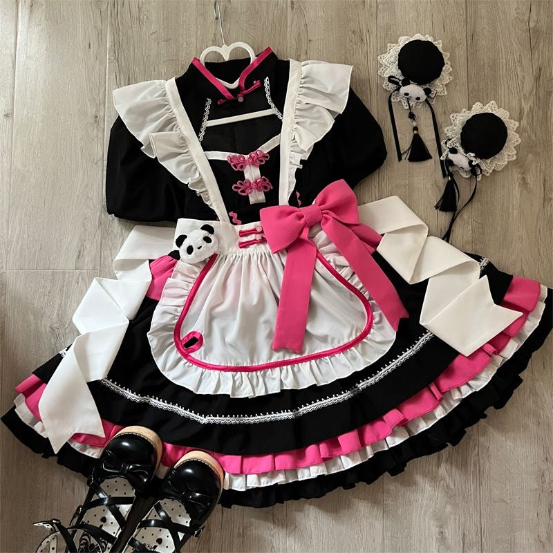 Qi Lolita Maid Outfit Red Dress Ruffle with Bow Apron Short Sleeves