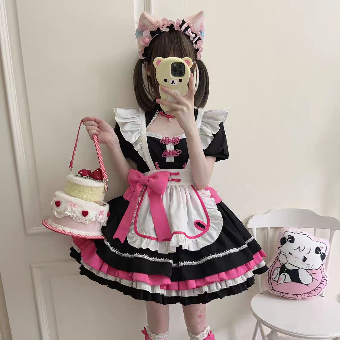 Qi Lolita Maid Outfit Red Dress Ruffle with Bow Apron Short Sleeves
