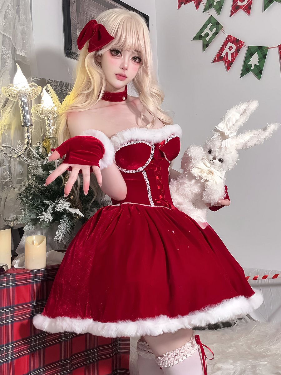 Sweet Lolita Red Christmas Dress Lolita Bow Autumn and Winter Atmosphere Dress Short Skirt