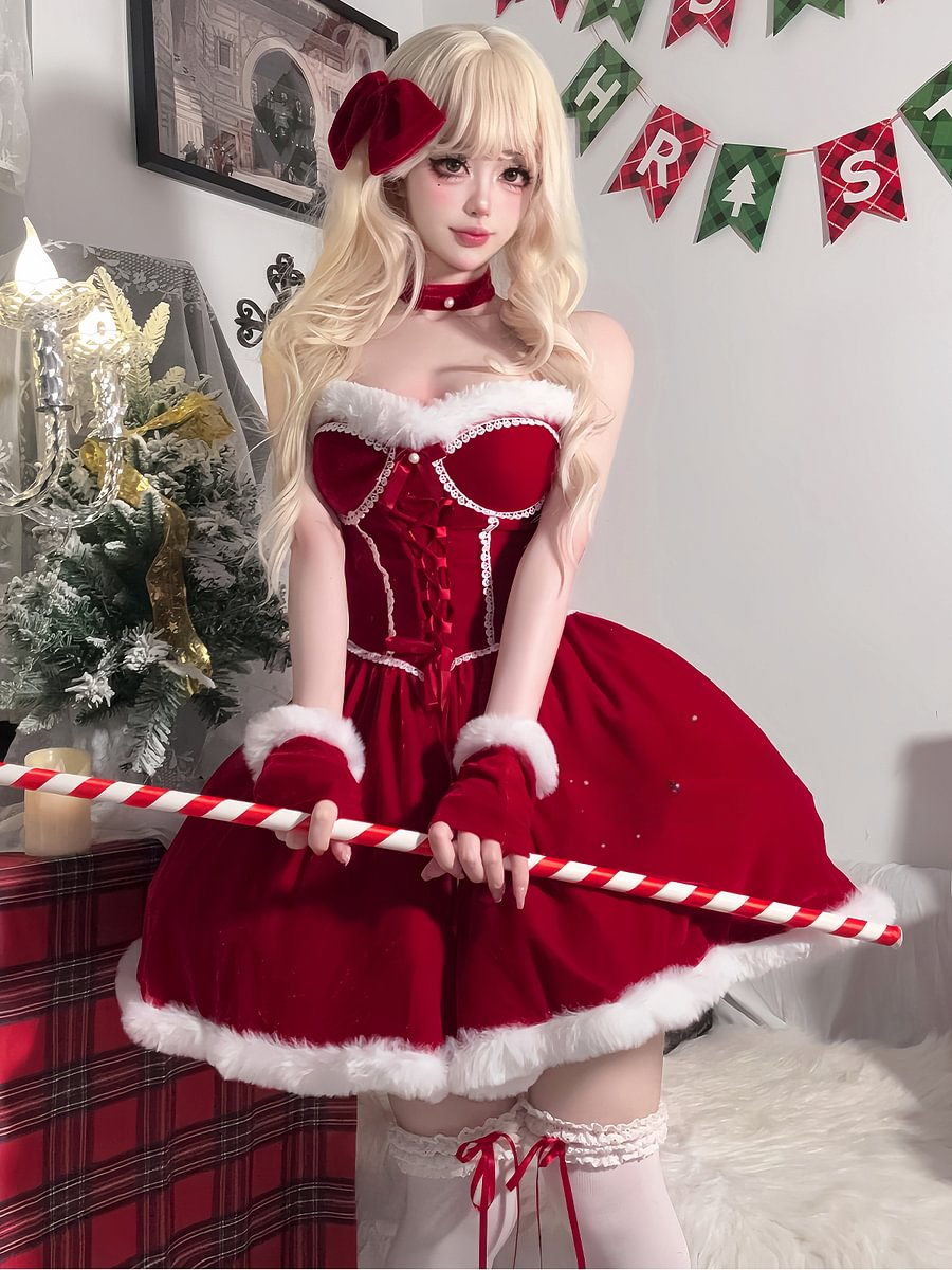 Sweet Lolita Red Christmas Dress Lolita Bow Autumn and Winter Atmosphere Dress Short Skirt