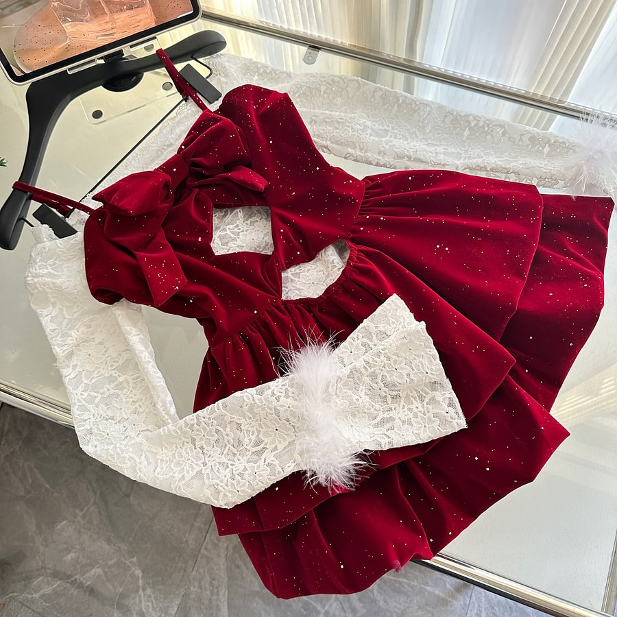 Sweet Lolita Red Christmas Lace Suspender Christmas French Female Autumn and Winter Princess Short Dress
