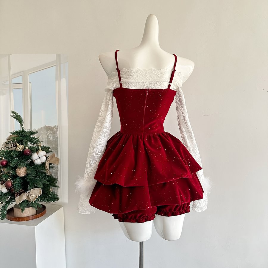 Sweet Lolita Red Christmas Lace Suspender Christmas French Female Autumn and Winter Princess Short Dress