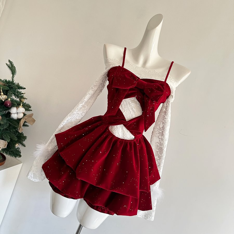 Sweet Lolita Red Christmas Lace Suspender Christmas French Female Autumn and Winter Princess Short Dress