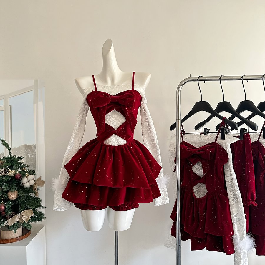 Sweet Lolita Red Christmas Lace Suspender Christmas French Female Autumn and Winter Princess Short Dress