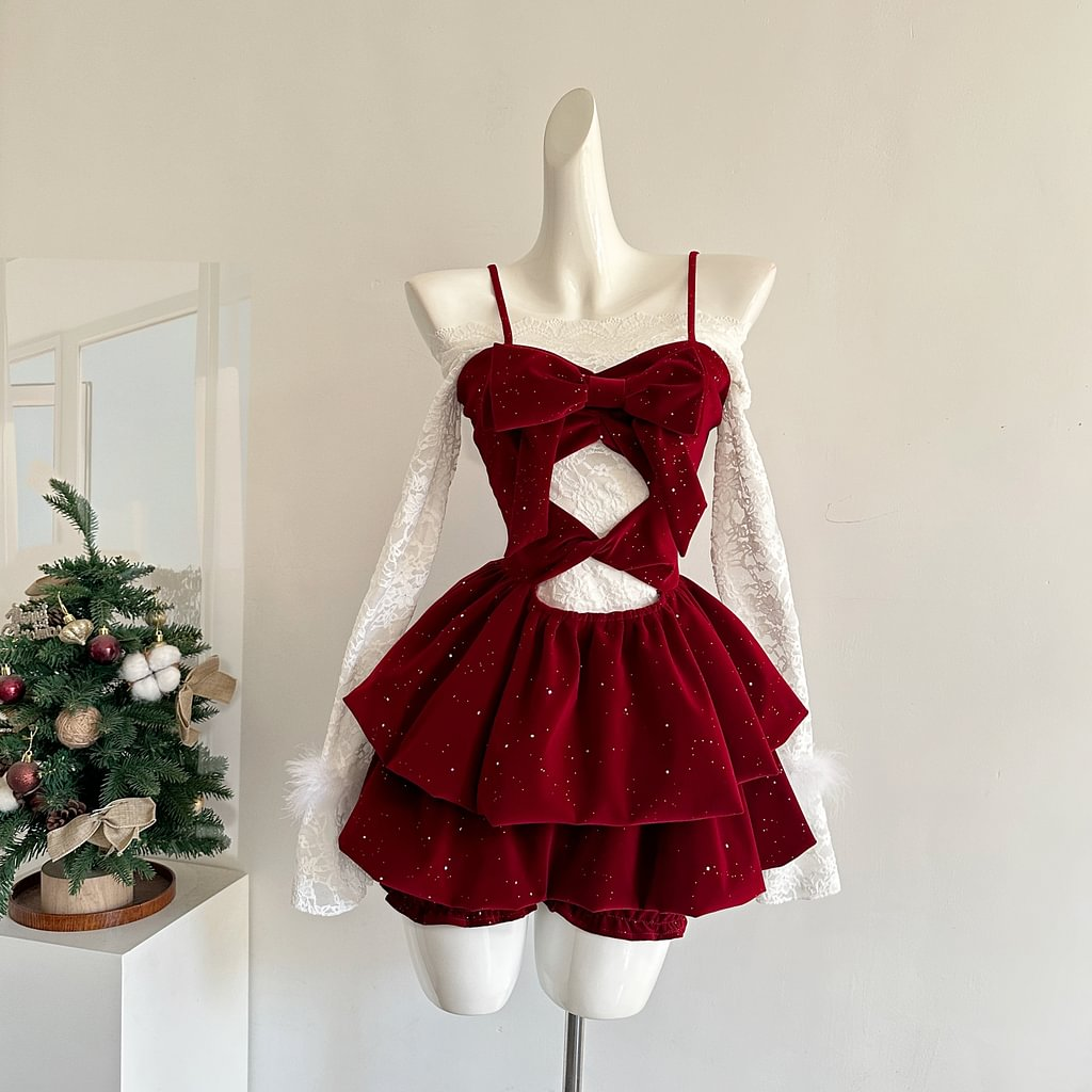 Sweet Lolita Red Christmas Lace Suspender Christmas French Female Autumn and Winter Princess Short Dress