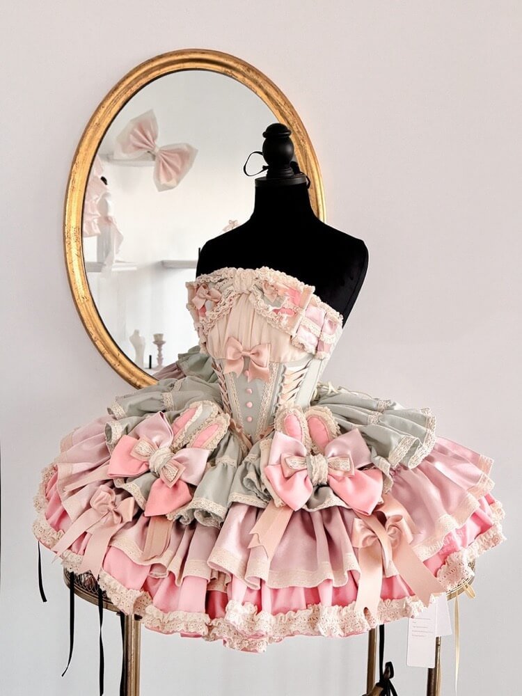 Ribbon Bow Sweet Lolita Dress Ballet Style Bunny Ears Cake Dress Pink-green Ruffles Short Dress