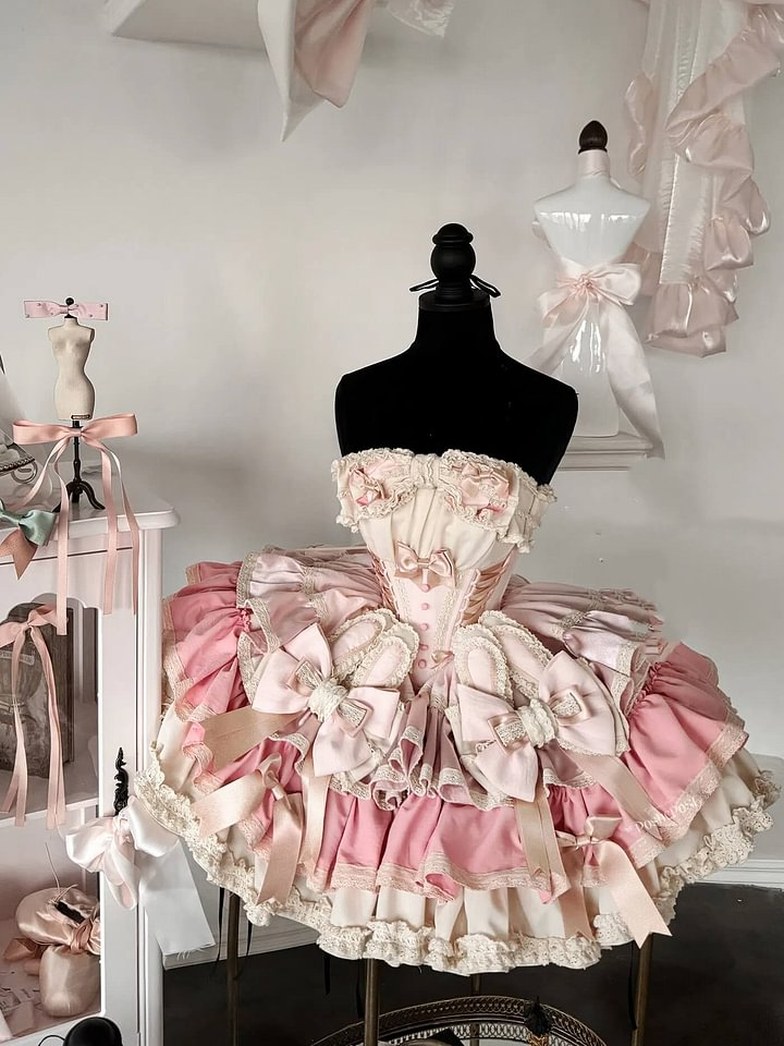 Ribbon Bow Sweet Lolita Dress Ballet Style Bunny Ears Cake Dress Pink-green Ruffles Short Dress