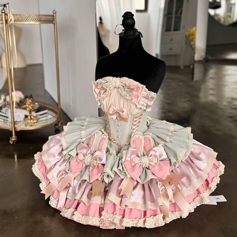 Ribbon Bow Sweet Lolita Dress Ballet Style Bunny Ears Cake Dress Pink-green Ruffles Short Dress