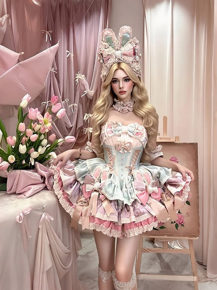 Ribbon Bow Sweet Lolita Dress Ballet Style Bunny Ears Cake Dress Pink-green Ruffles Short Dress