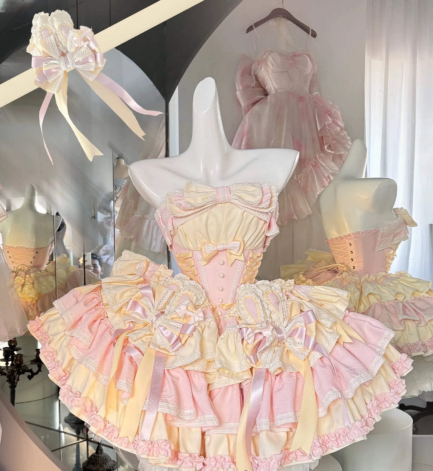 Ribbon Bow Sweet Lolita Dress Ballet Style Bunny Ears Cake Dress Pink-green Ruffles Short Dress