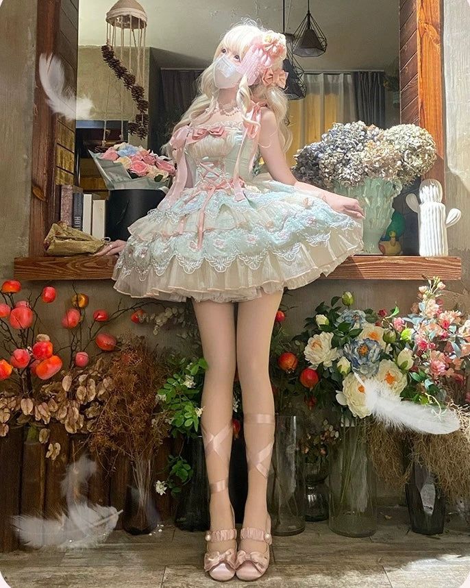 Hime Lolita Mint Green Spring Flower Fairy Princess Cake Dress Jumper Skirt