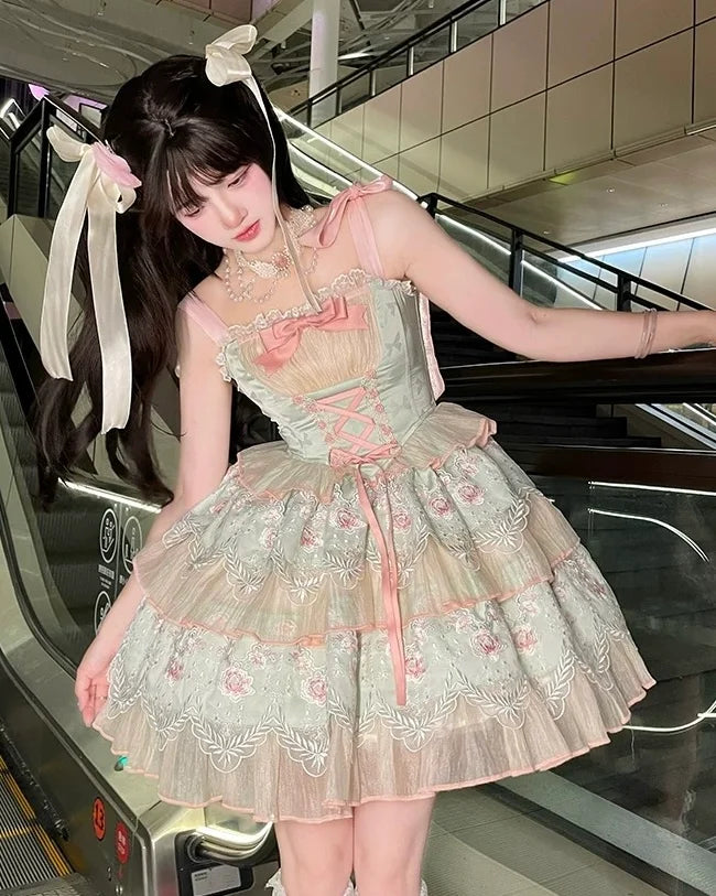 Hime Lolita Mint Green Spring Flower Fairy Princess Cake Dress Jumper Skirt