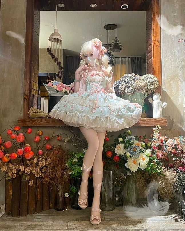 Hime Lolita Mint Green Spring Flower Fairy Princess Cake Dress Jumper Skirt