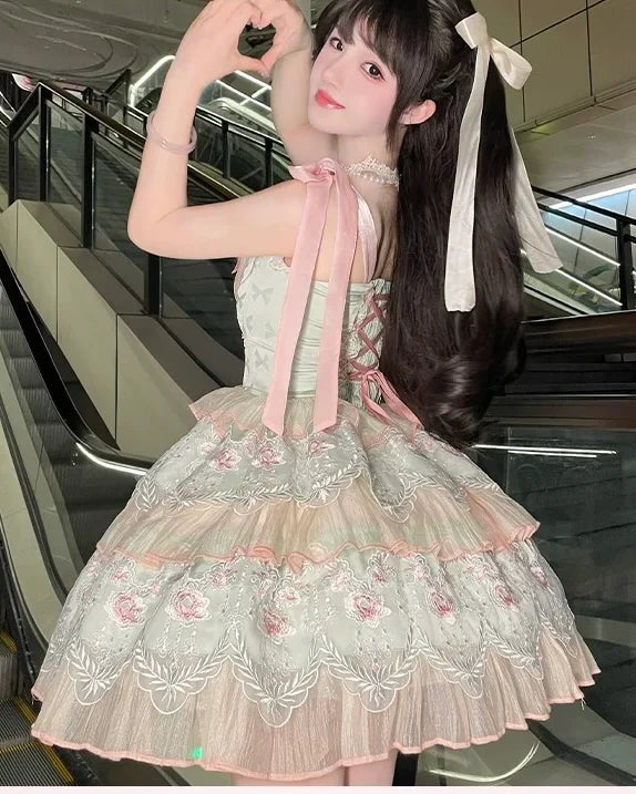 Hime Lolita Mint Green Spring Flower Fairy Princess Cake Dress Jumper Skirt