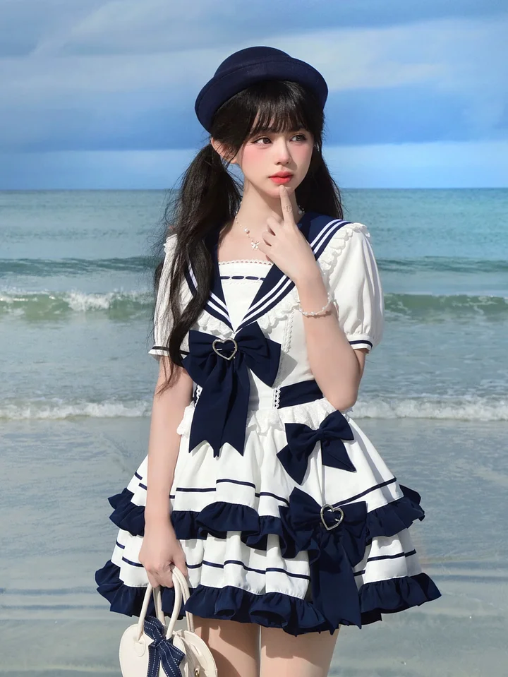 Sweet Lolita Navy Blue Black Aqua Cake Dress Bow Ruffles Japanese Kawaii for Summer