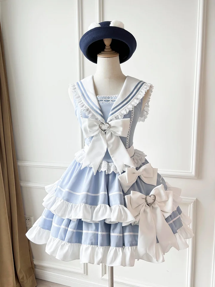 Sweet Lolita Navy Blue Black Aqua Cake Dress Bow Ruffles Japanese Kawaii for Summer