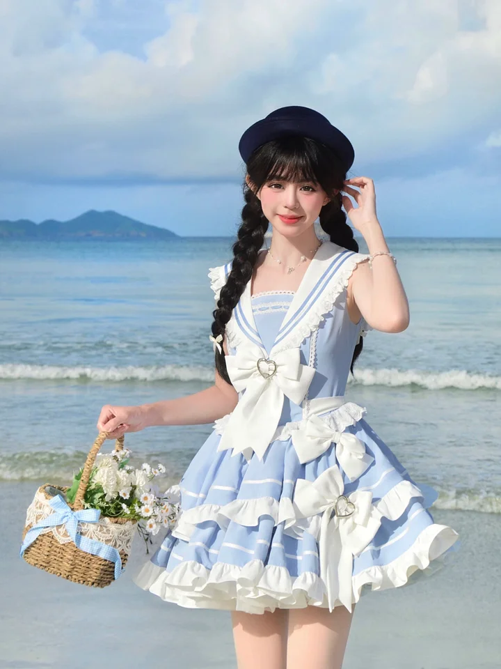 Sweet Lolita Navy Blue Black Aqua Cake Dress Bow Ruffles Japanese Kawaii for Summer