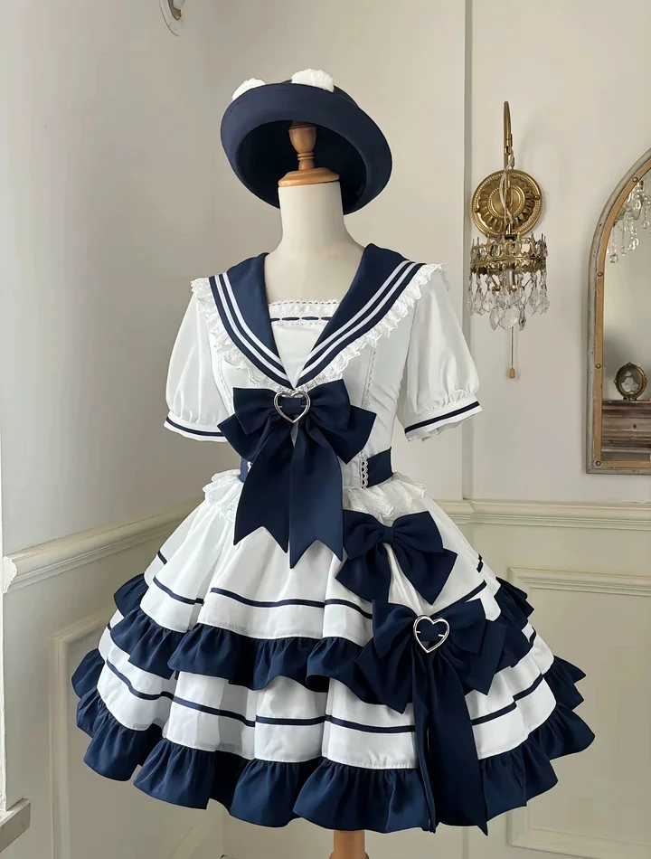 Sweet Lolita Navy Blue Black Aqua Cake Dress Bow Ruffles Japanese Kawaii for Summer