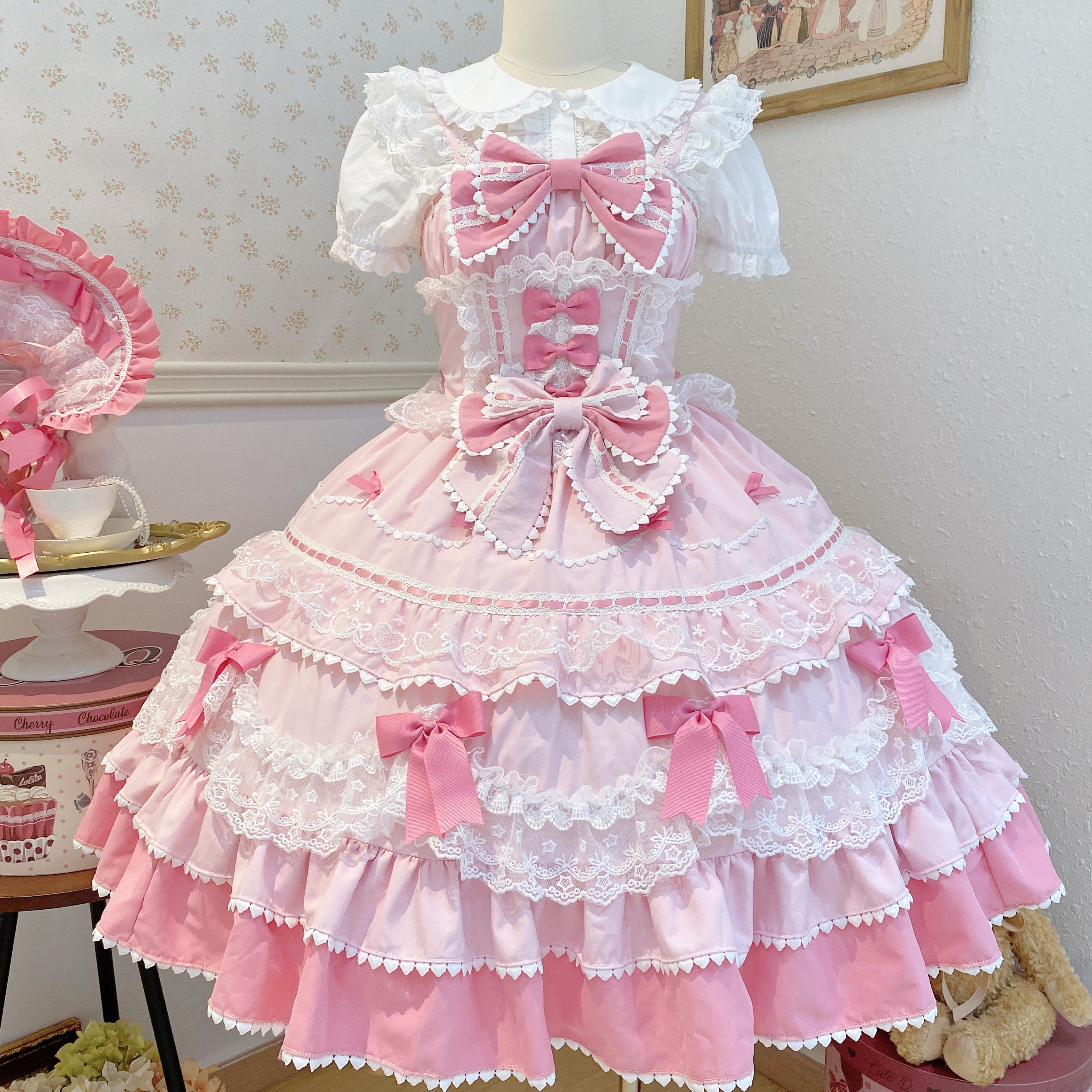 Sweet Hime Lolita Tea Party Fashion Cake Dress Pink Bow Layer Lace Trimmed Lolita Dress 