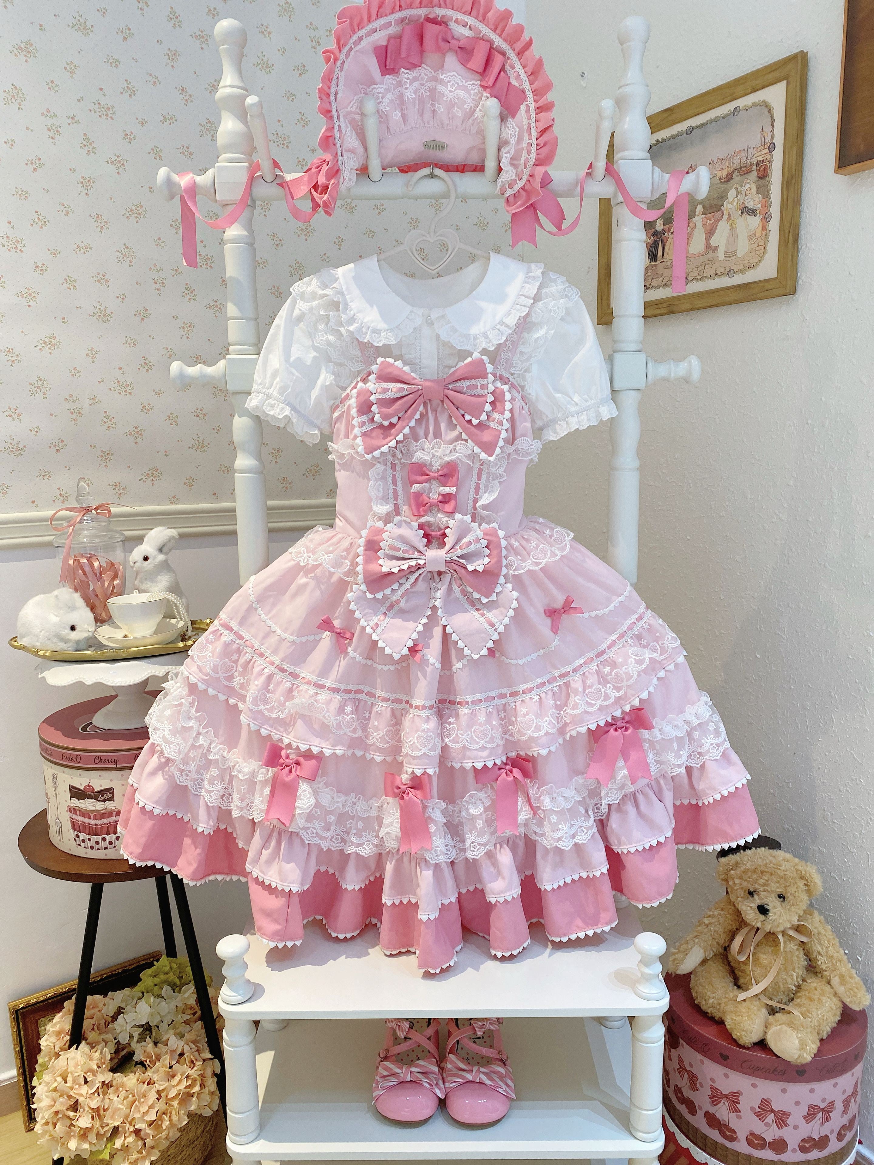 Sweet Hime Lolita Tea Party Fashion Cake Dress Pink Bow Layer Lace Trimmed Lolita Dress 
