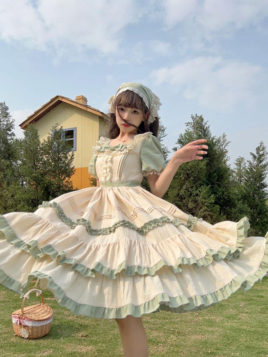 Sweet Lolita Maid Outfit Alice Green Ruffle Short Sleeve Country Style Long Dress Ceremony