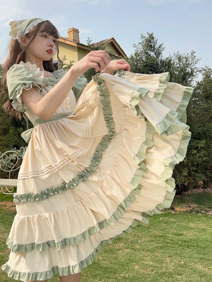 Sweet Lolita Maid Outfit Alice Green Ruffle Short Sleeve Country Style Long Dress Ceremony