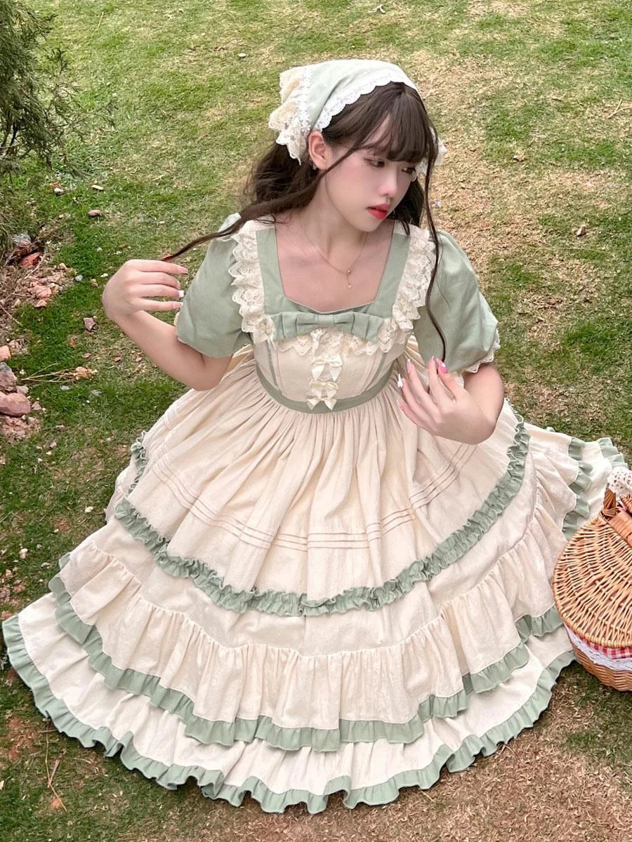 Sweet Lolita Maid Outfit Alice Green Ruffle Short Sleeve Country Style Long Dress