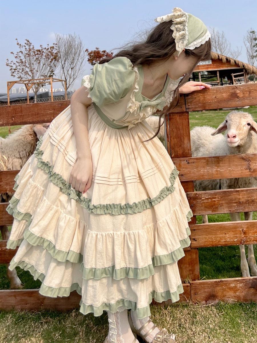 Sweet Lolita Maid Outfit Alice Green Ruffle Short Sleeve Country Style Long Dress Ceremony