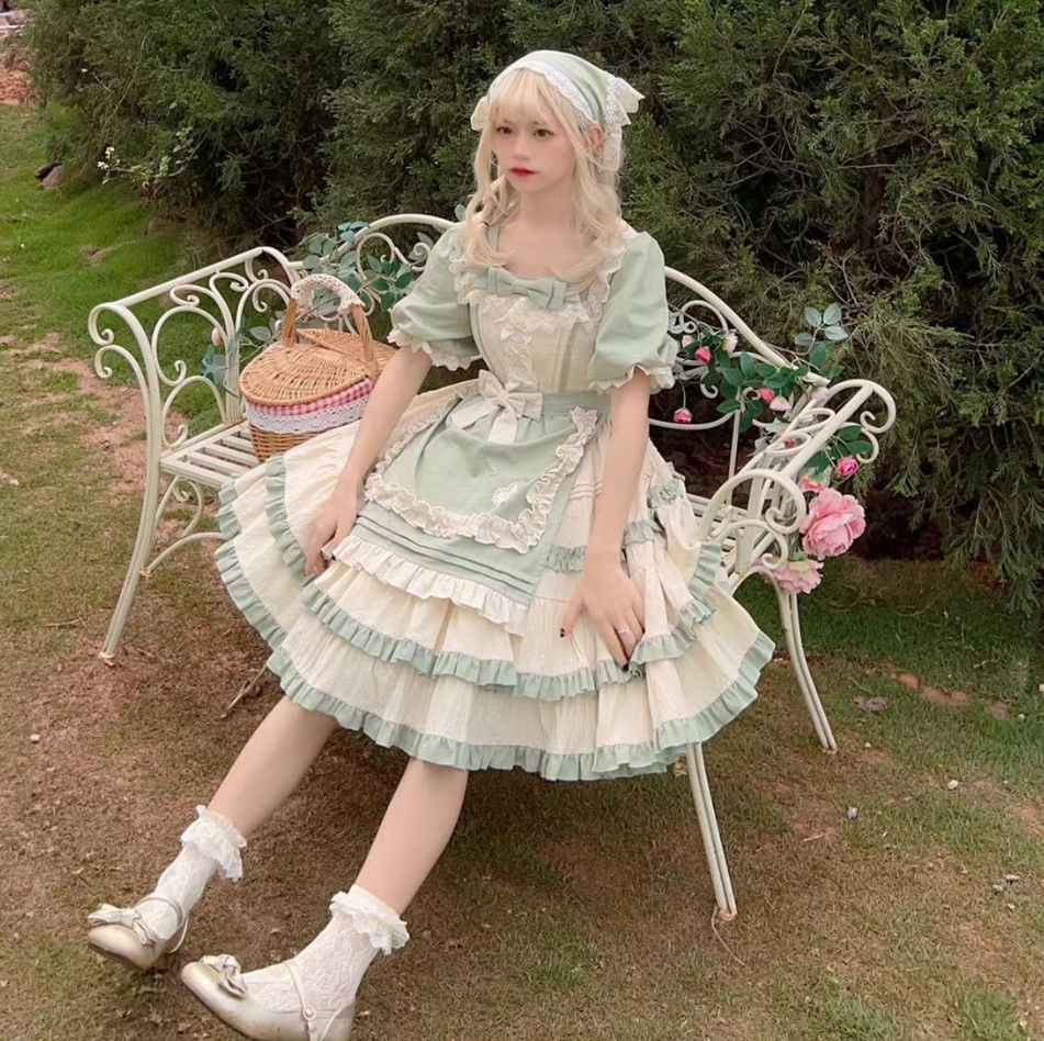 Sweet Lolita Maid Outfit Alice Green Ruffle Short Sleeve Country Style Long Dress Ceremony
