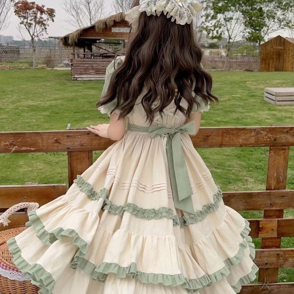 Sweet Lolita Maid Outfit Alice Green Ruffle Short Sleeve Country Style Long Dress Ceremony
