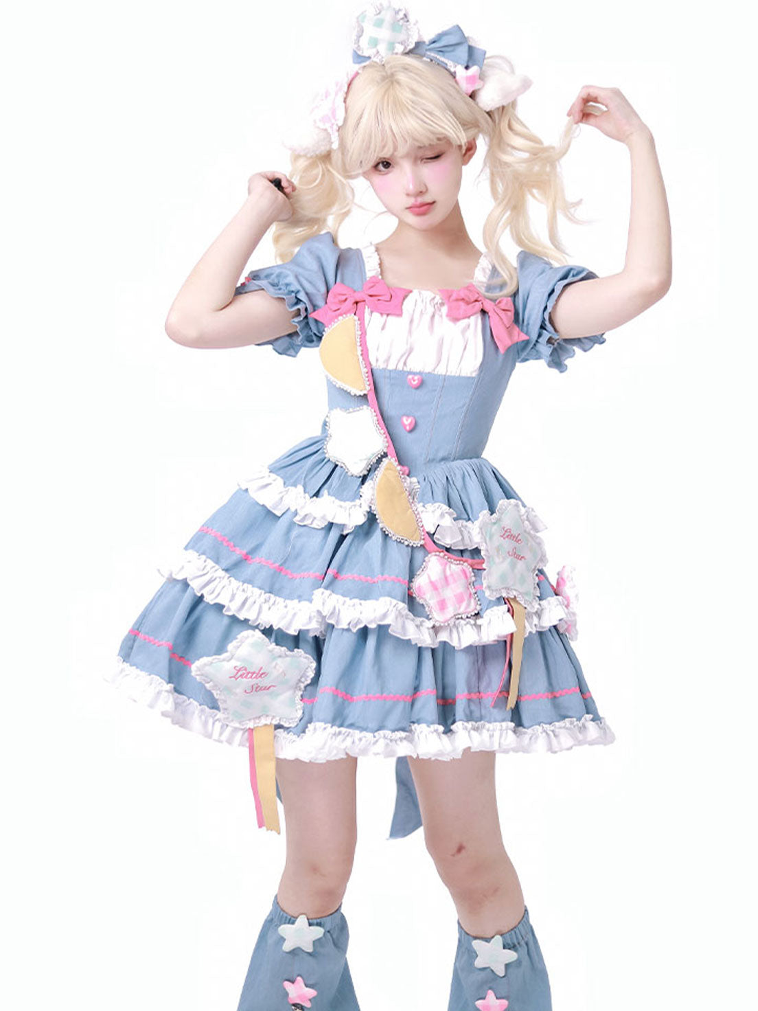 Sweet Lolita Blue Layer Cake Dress Pleats Trimmed Denim Patchwork Dress Summer