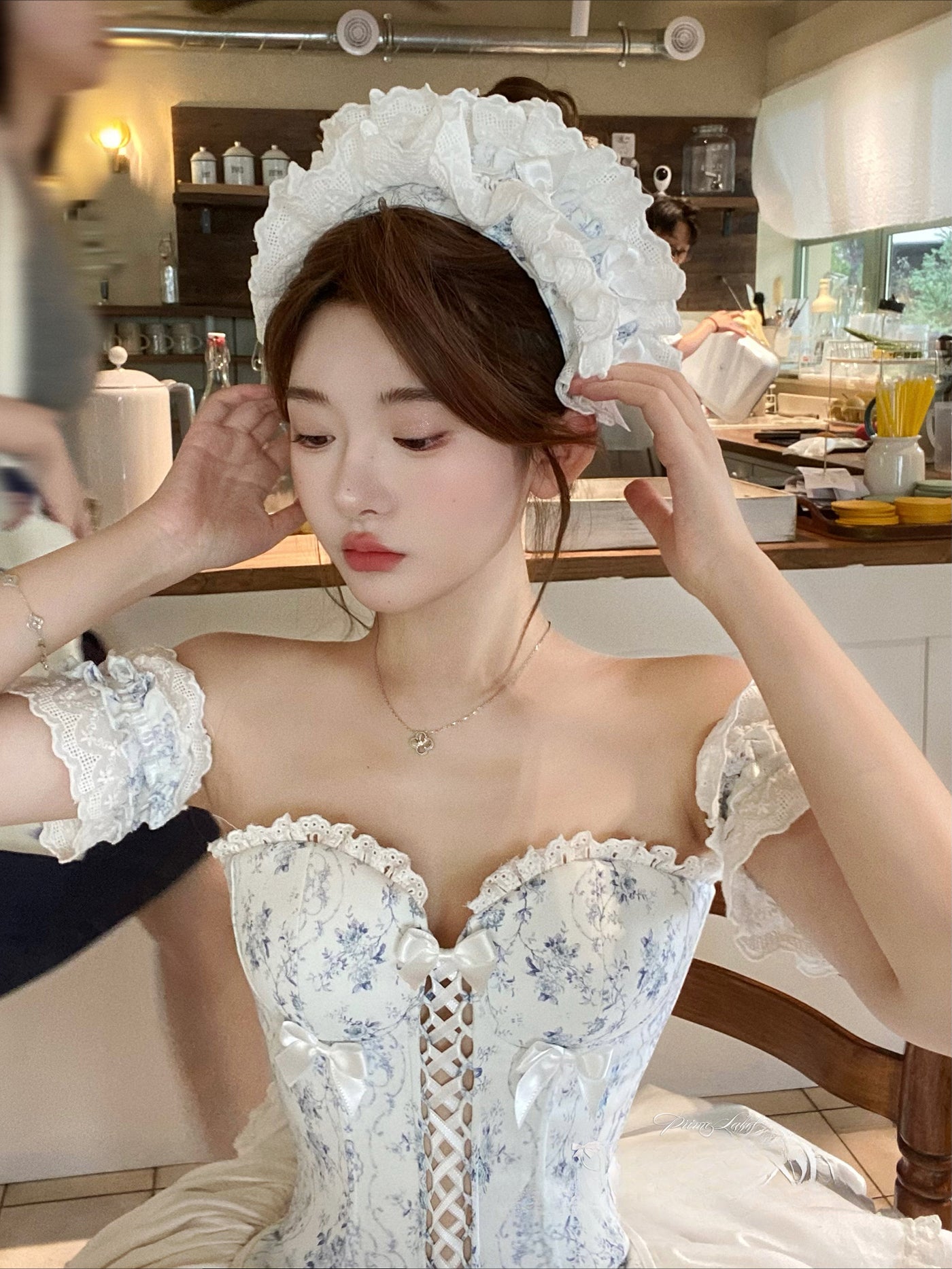 Sweet Lolita Cake Cream Dress Blue Floral Sweet Lolita Corset Dress with Giant Bow Accent