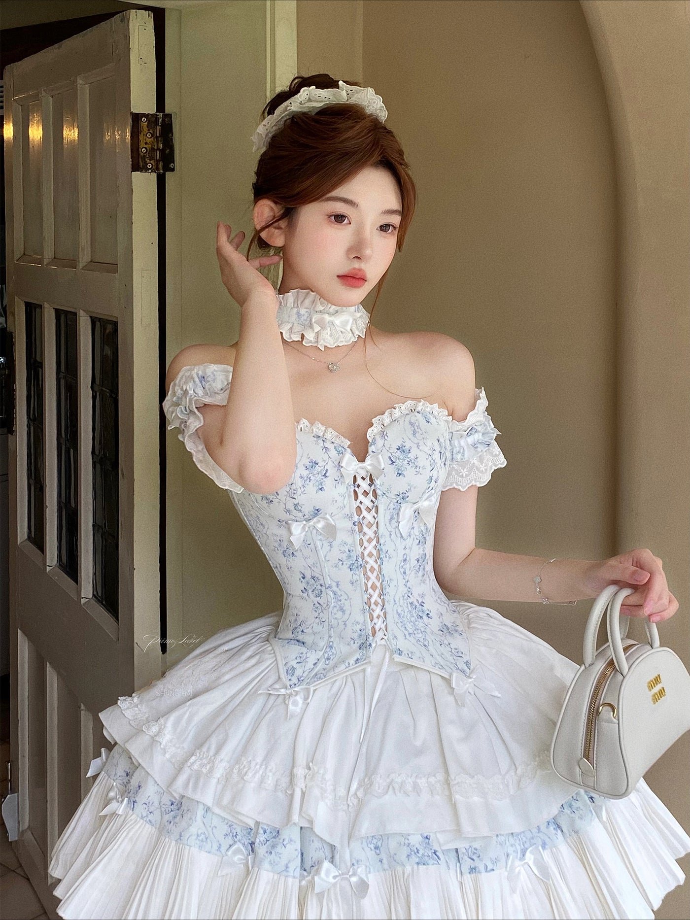 Sweet Lolita Cake Cream Dress Blue Floral Sweet Lolita Corset Dress with Giant Bow Accent