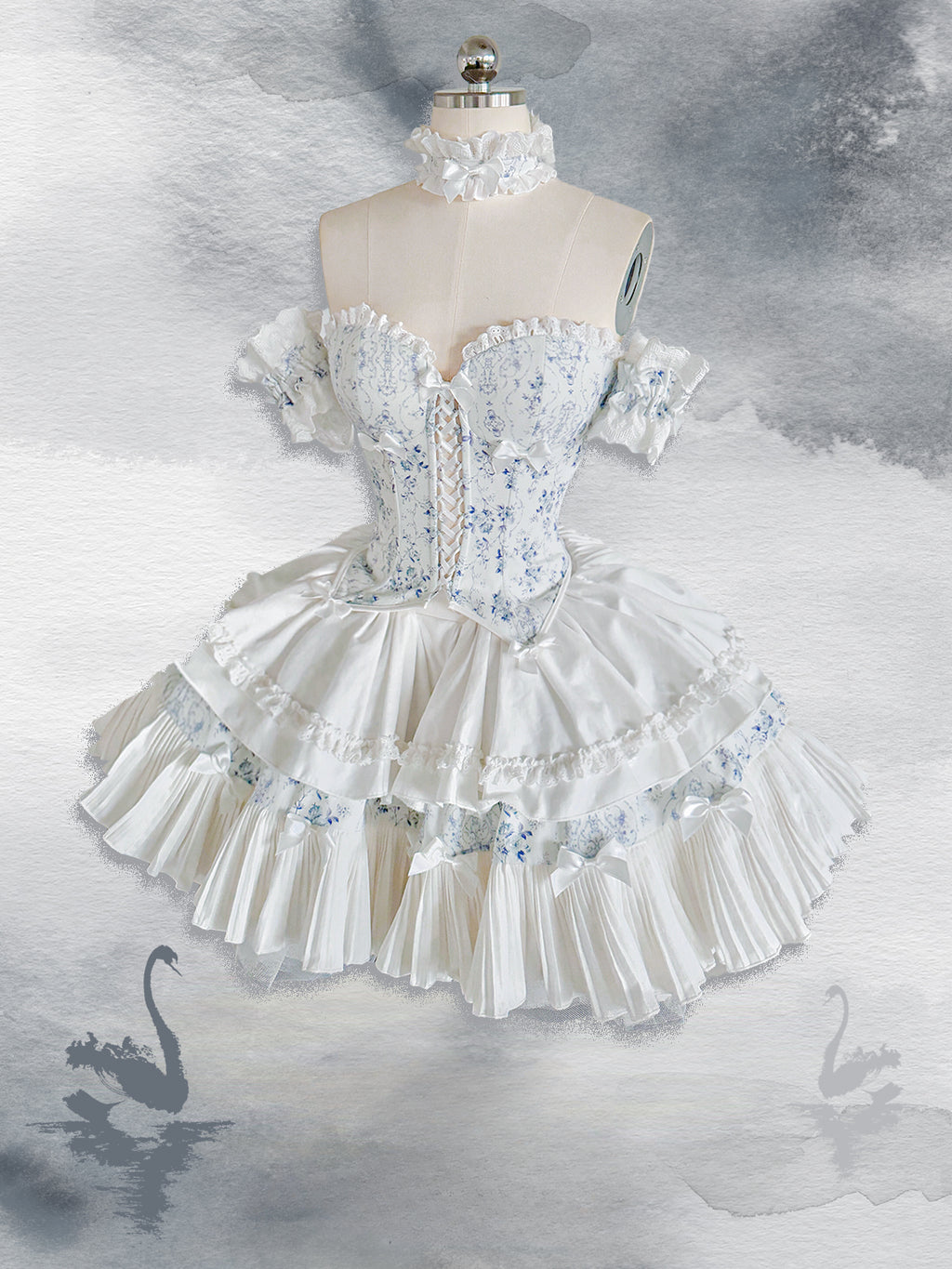 Sweet Lolita Cake Cream Dress Blue Floral Sweet Lolita Corset Dress with Giant Bow Accent
