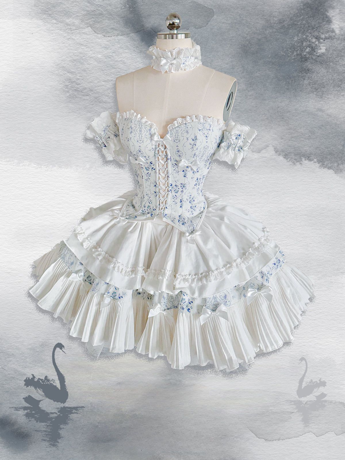 Sweet Lolita Cake Cream Dress Blue Floral Sweet Lolita Corset Dress with Giant Bow Accent