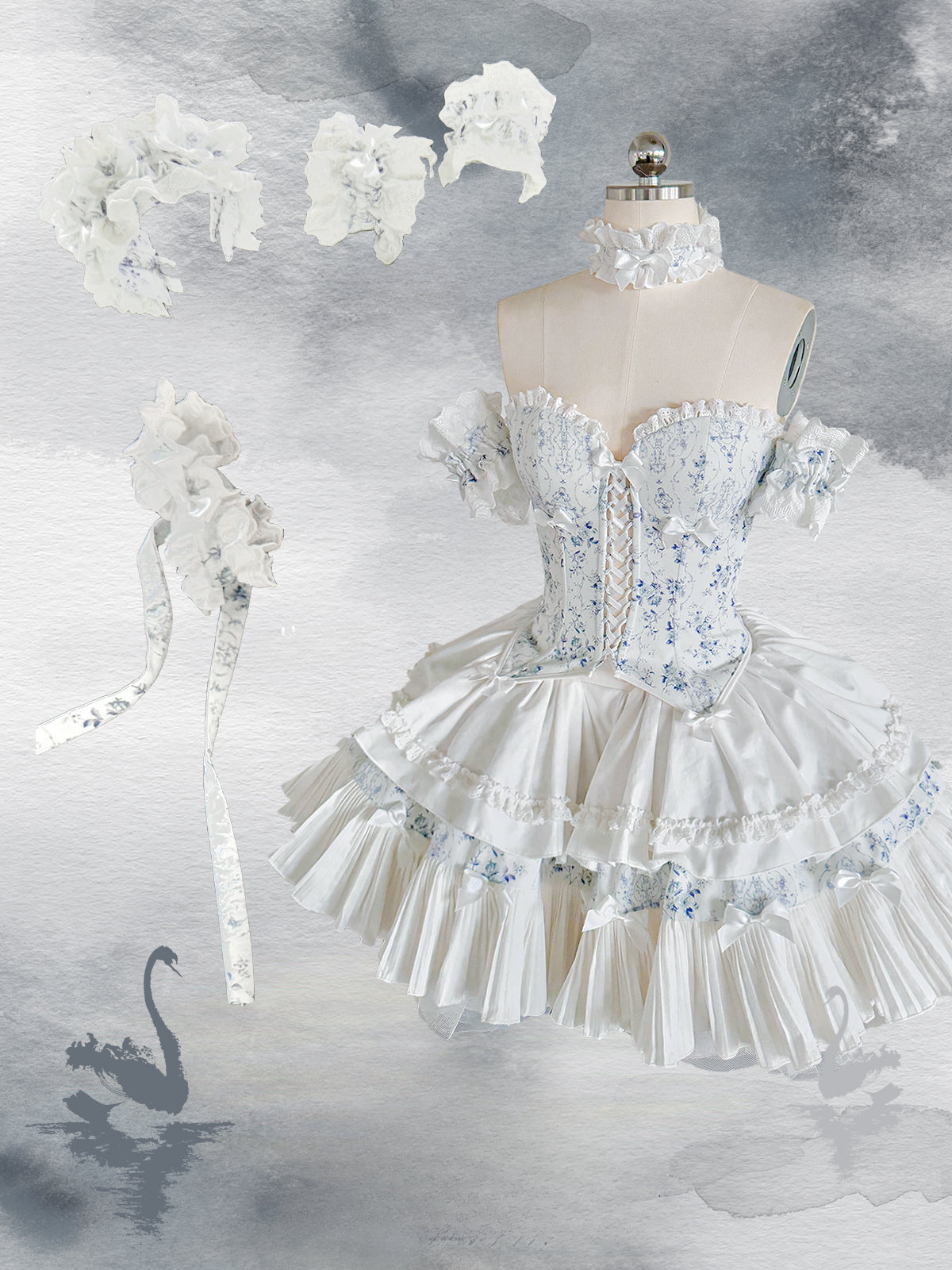 Sweet Lolita Cake Cream Dress Blue Floral Sweet Lolita Corset Dress with Giant Bow Accent