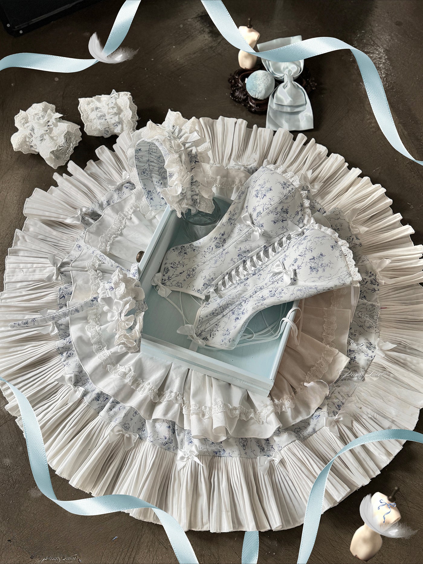 Sweet Lolita Cake Cream Dress Blue Floral Sweet Lolita Corset Dress with Giant Bow Accent