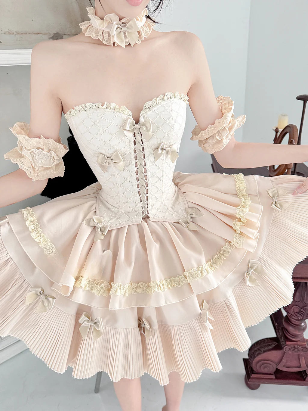 Sweet Lolita Cake Cream Dress Floral Sweet Lolita Corset Dress with Giant Bow Accent