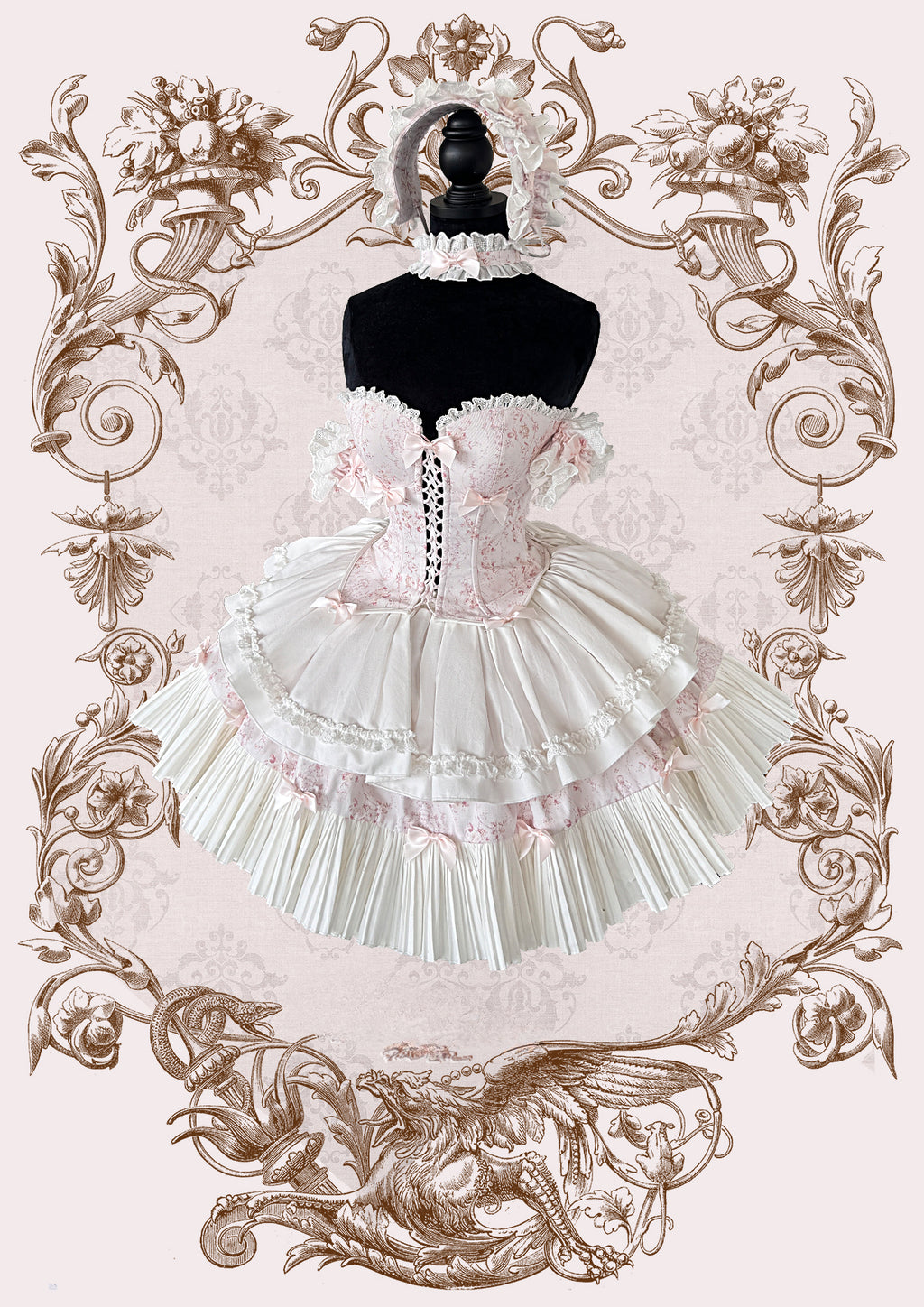 Sweet Lolita Cake Cream Dress Pink Floral Sweet Lolita Corset Dress with Giant Bow Accent