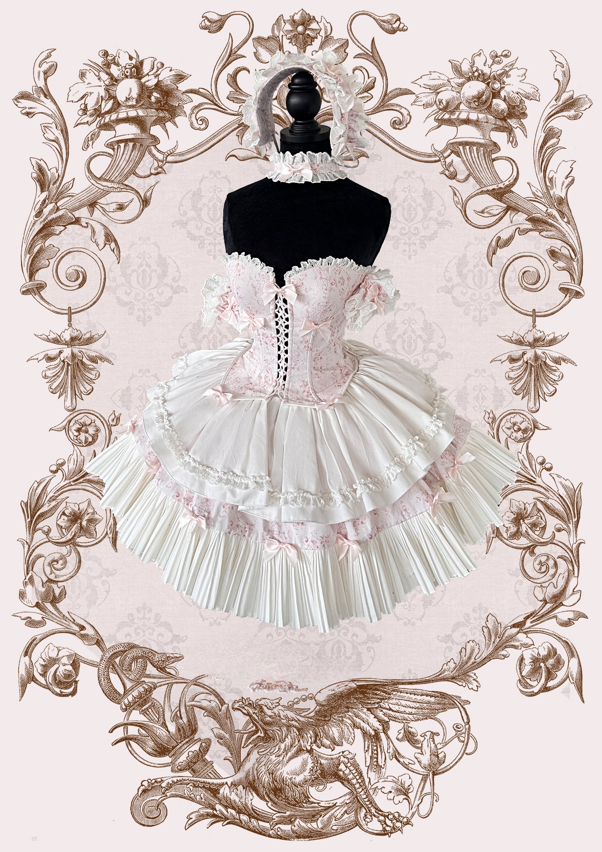 Sweet Lolita Cake Cream Dress Pink Floral Sweet Lolita Corset Dress with Giant Bow Accent