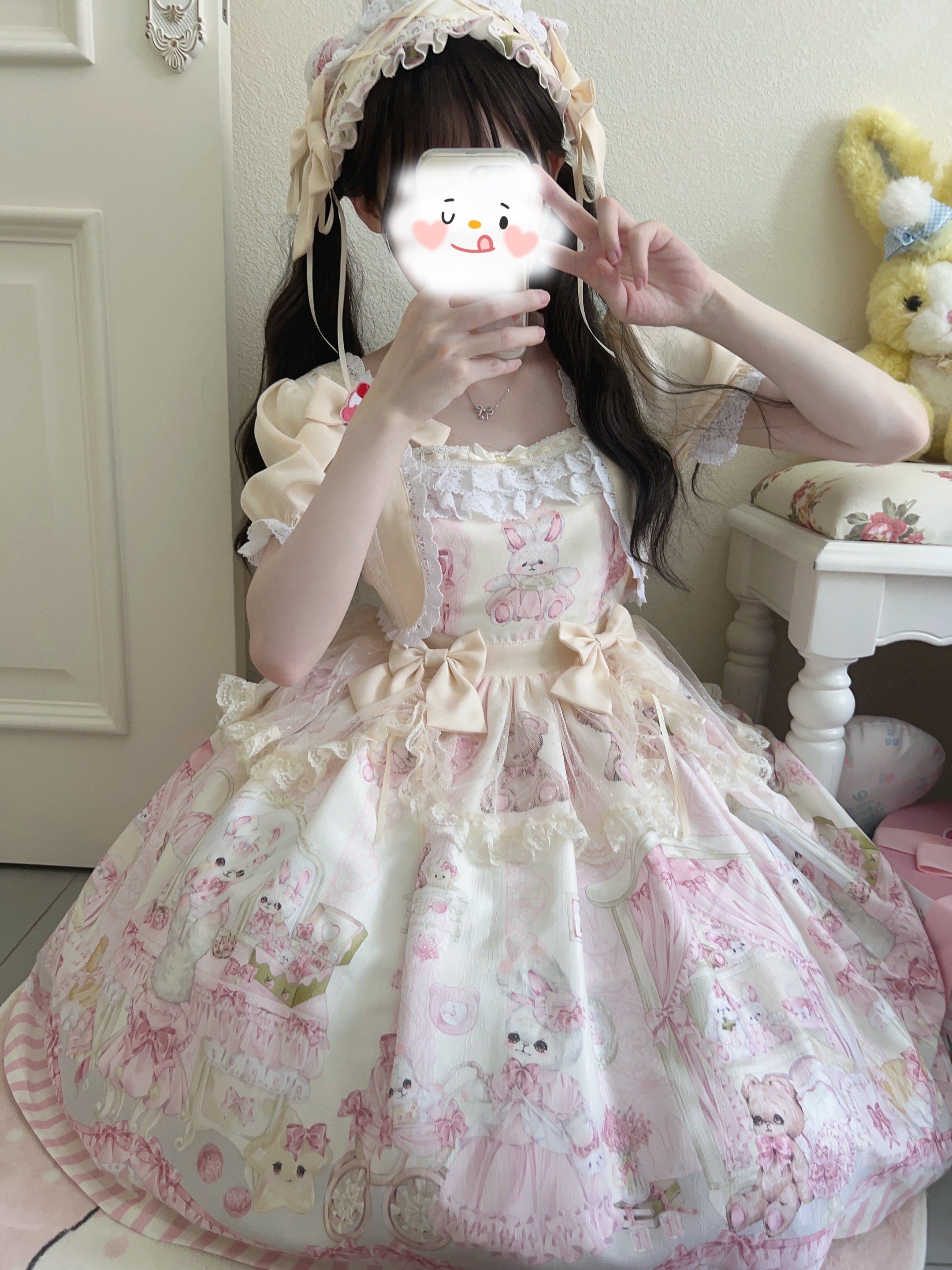 Sweet Lolita Cake Dress Pink Cream Bunny Print Ruffle Detailed Lolita Dress 