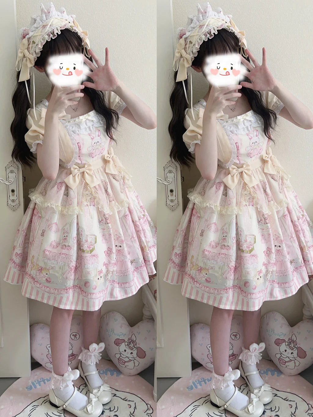 Sweet Lolita Cake Dress Pink Cream Bunny Print Ruffle Detailed Lolita Dress 